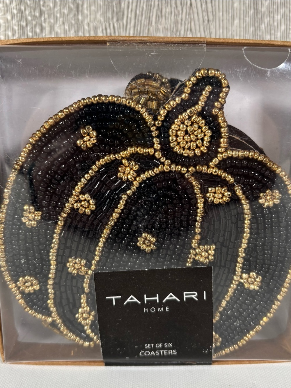 Tahari Black and Gold Beaded Pumpkin Coasters - Set of Six